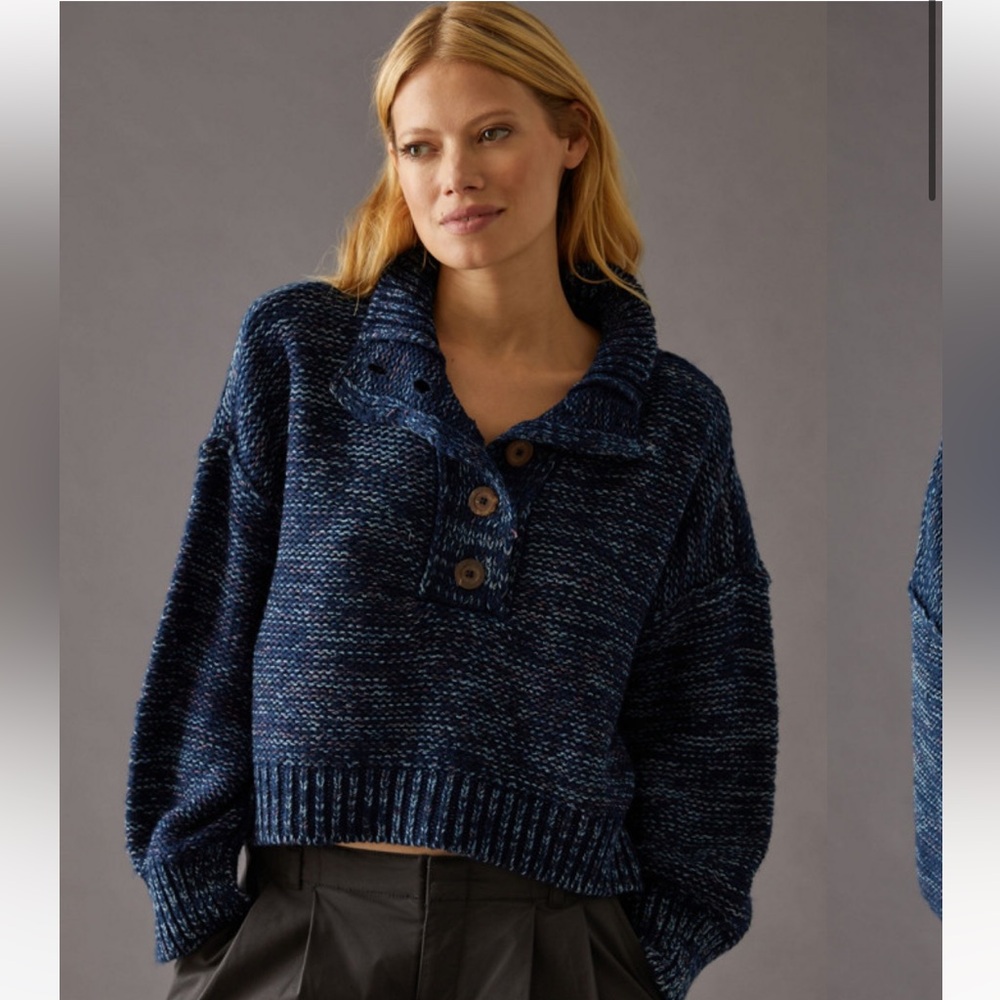 Anthropologie Marled Henley Sweater in Navy Blue